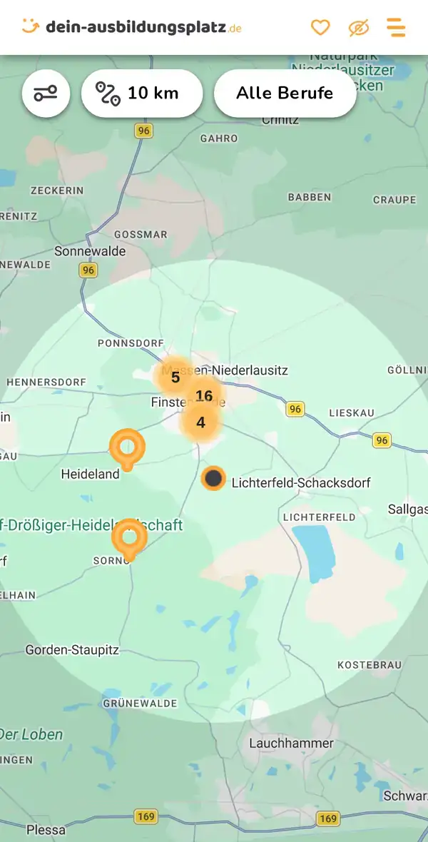 Karte von dein-ausbildungsplatz.de: Ausbildungsbetriebe im Umkreis von 10 km um 03238 Finsterwalde