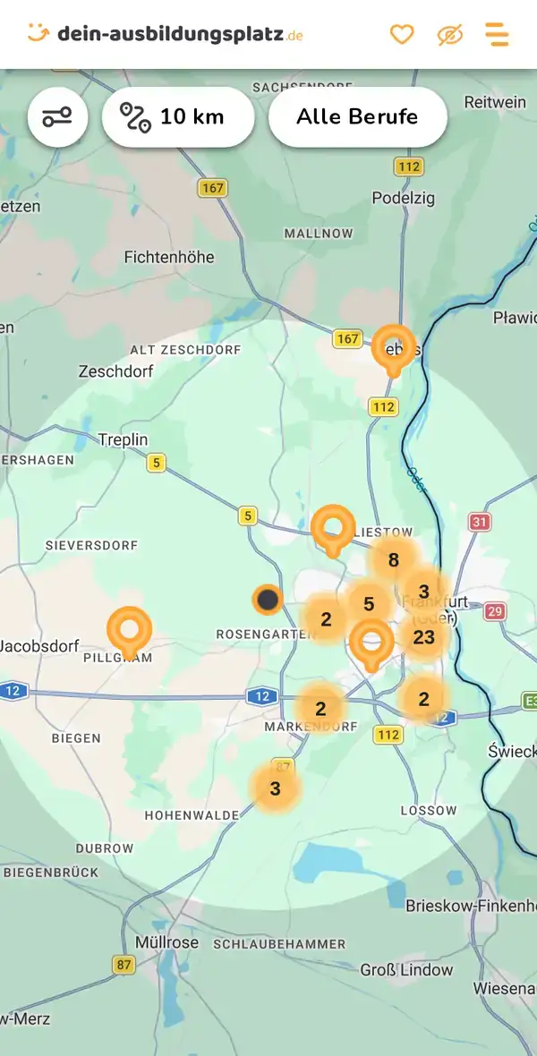 Karte von dein-ausbildungsplatz.de: Ausbildungsbetriebe im Umkreis von 10 km um 15234 Frankfurt (Oder)