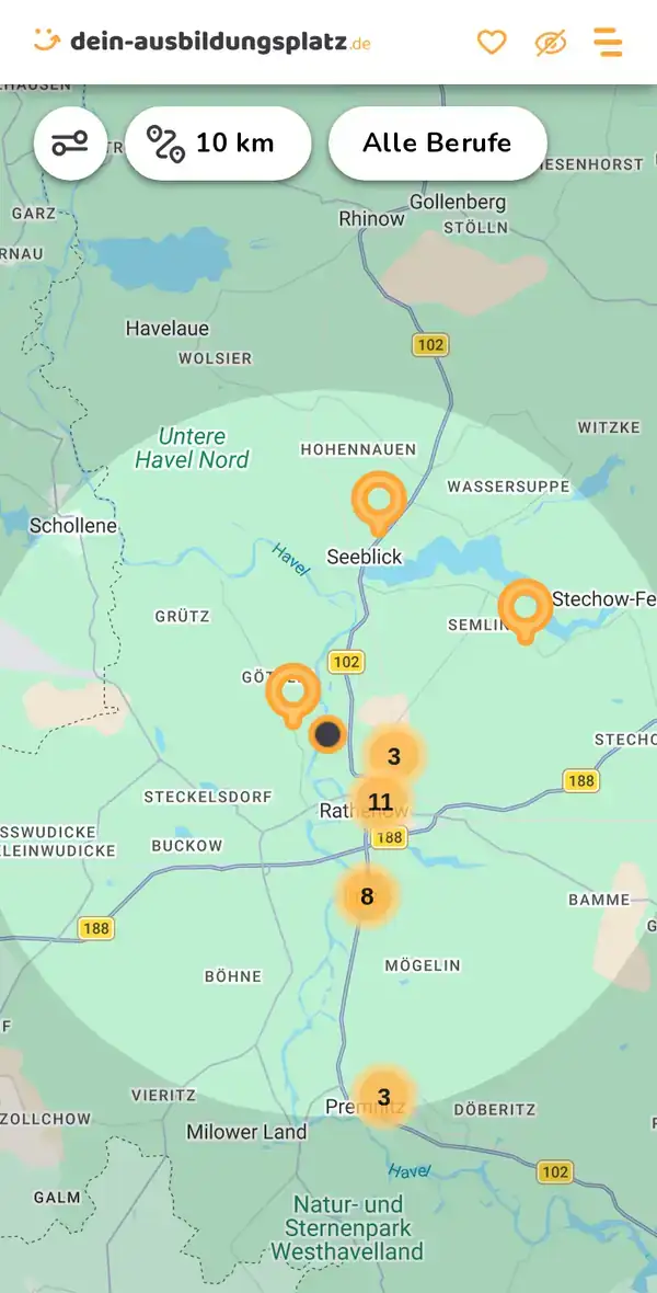 Karte von dein-ausbildungsplatz.de: Ausbildungsbetriebe im Umkreis von 10 km um 14712 Rathenow