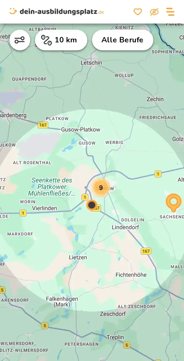 Karte von dein-ausbildungsplatz.de: Ausbildungsbetriebe im Umkreis von 10 km um 15306 Falkenhagen (Mark)