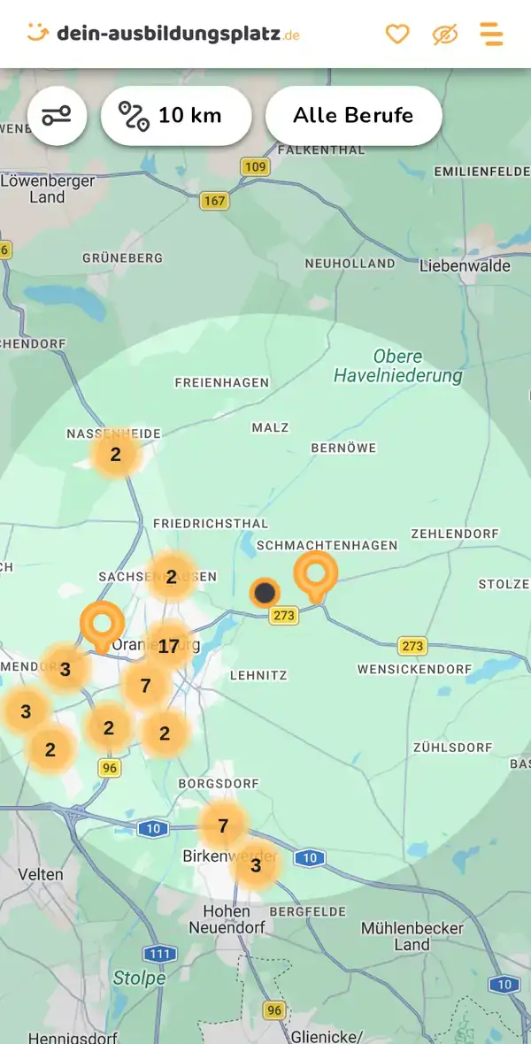 Karte von dein-ausbildungsplatz.de: Ausbildungsbetriebe im Umkreis von 10 km um 16515 Mühlenbecker Land