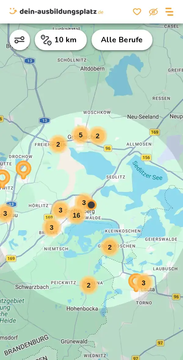 Karte von dein-ausbildungsplatz.de: Ausbildungsbetriebe im Umkreis von 10 km um 01968 Schipkau