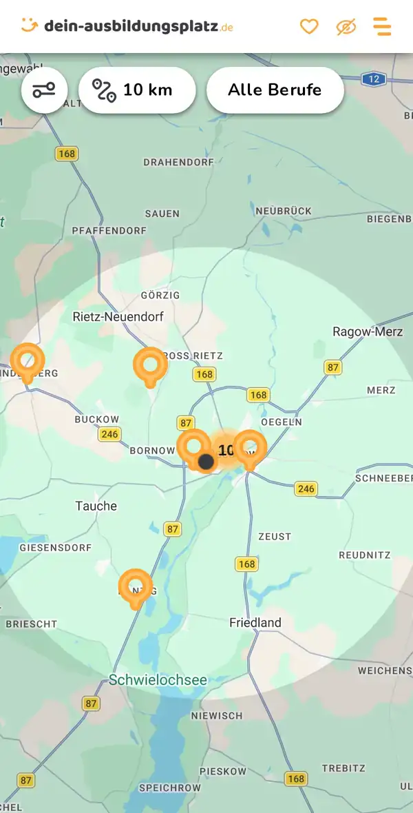 Karte von dein-ausbildungsplatz.de: Ausbildungsbetriebe im Umkreis von 10 km um 15848 Beeskow