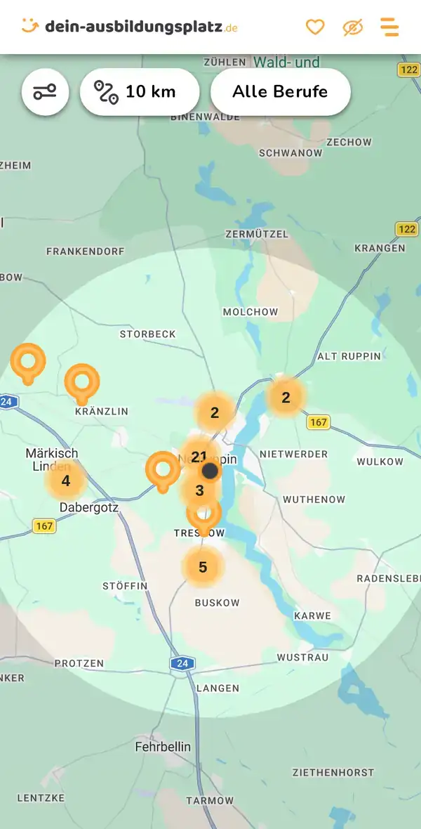 Karte von dein-ausbildungsplatz.de: Ausbildungsbetriebe im Umkreis von 10 km um 16816 Neuruppin