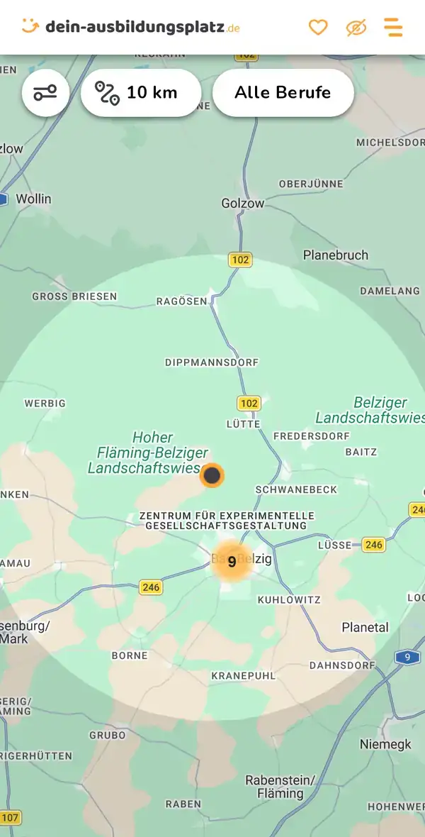 Karte von dein-ausbildungsplatz.de: Ausbildungsbetriebe im Umkreis von 10 km um 14806 Bad Belzig