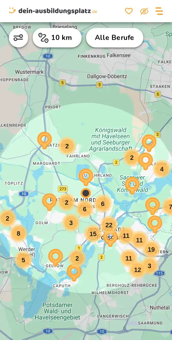Karte von dein-ausbildungsplatz.de: Ausbildungsbetriebe im Umkreis von 10 km um 14469 Potsdam