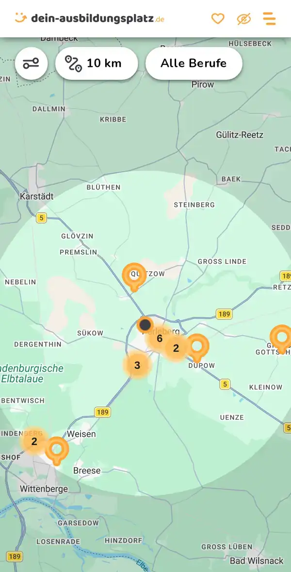 Karte von dein-ausbildungsplatz.de: Ausbildungsbetriebe im Umkreis von 10 km um 19348 Berge