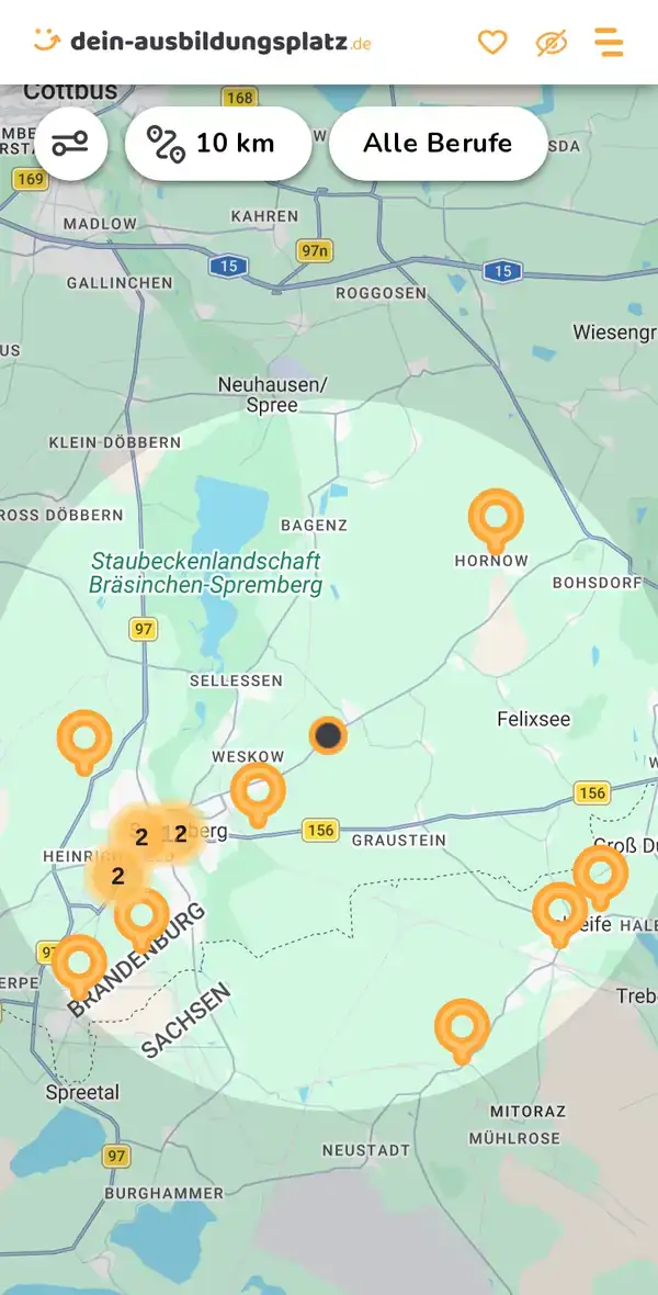 Karte von dein-ausbildungsplatz.de: Ausbildungsbetriebe im Umkreis von 10 km um 03130 Felixsee