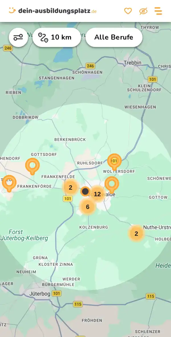 Karte von dein-ausbildungsplatz.de: Ausbildungsbetriebe im Umkreis von 10 km um 14943 Luckenwalde