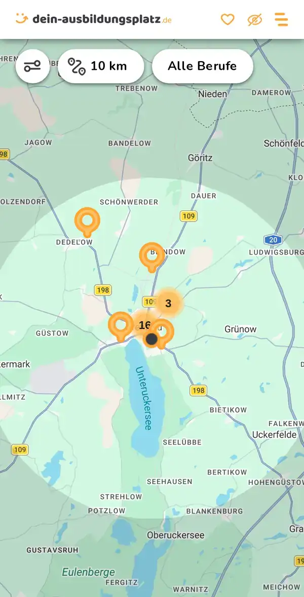 Karte von dein-ausbildungsplatz.de: Ausbildungsbetriebe im Umkreis von 10 km um 17291 Carmzow-Wallmow