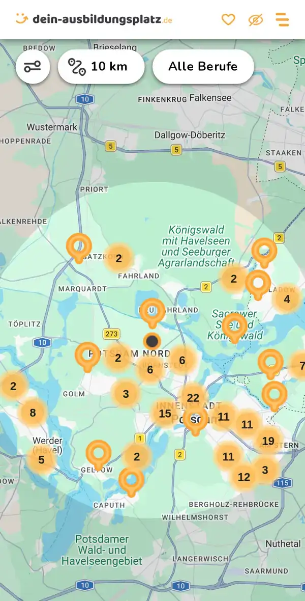 Karte von dein-ausbildungsplatz.de: Ausbildungsbetriebe im Umkreis von 10 km um 14469 Potsdam