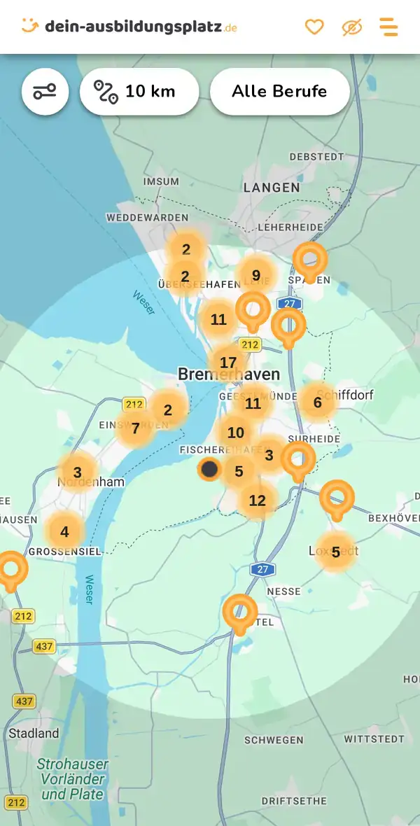 Karte von dein-ausbildungsplatz.de: Ausbildungsbetriebe im Umkreis von 10 km um 27572 Bremerhaven