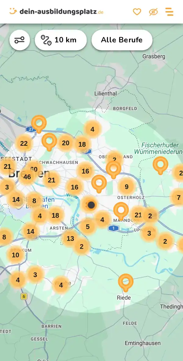 Karte von dein-ausbildungsplatz.de: Ausbildungsbetriebe im Umkreis von 10 km um 28309 Bremen