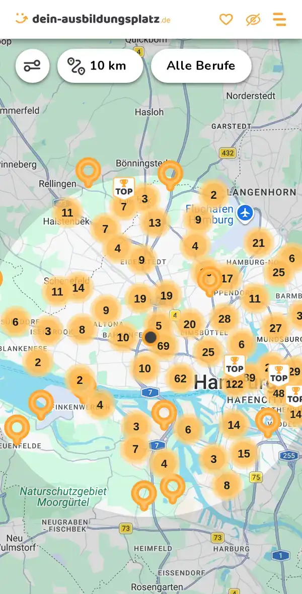 Karte von dein-ausbildungsplatz.de: Ausbildungsbetriebe im Umkreis von 10 km um 22761 Hamburg
