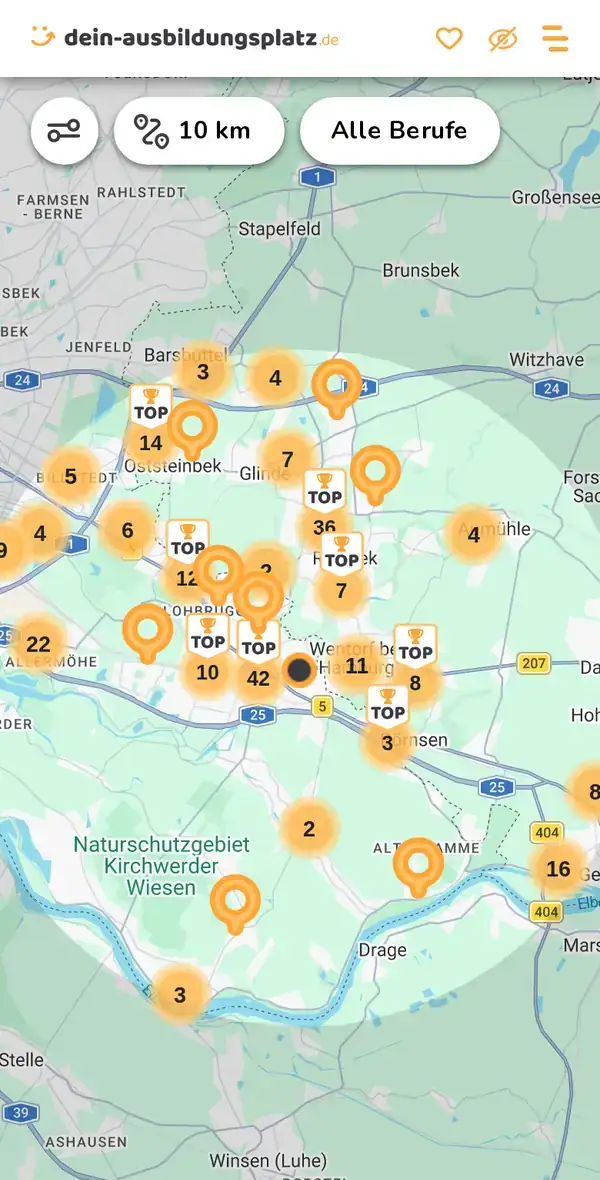 Karte von dein-ausbildungsplatz.de: Ausbildungsbetriebe im Umkreis von 10 km um 21029 Hamburg