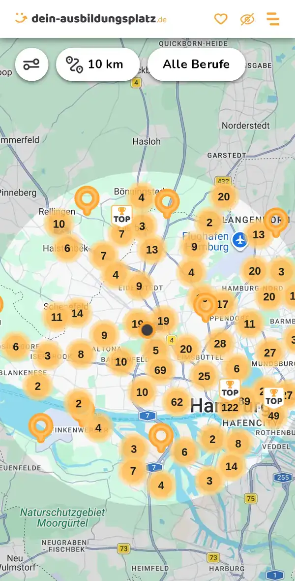 Karte von dein-ausbildungsplatz.de: Ausbildungsbetriebe im Umkreis von 10 km um 22525 Hamburg