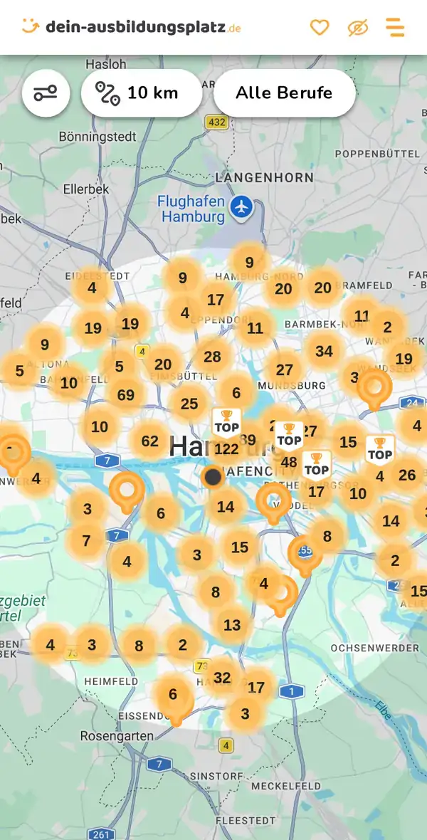 Karte von dein-ausbildungsplatz.de: Ausbildungsbetriebe im Umkreis von 10 km um 20457 Hamburg