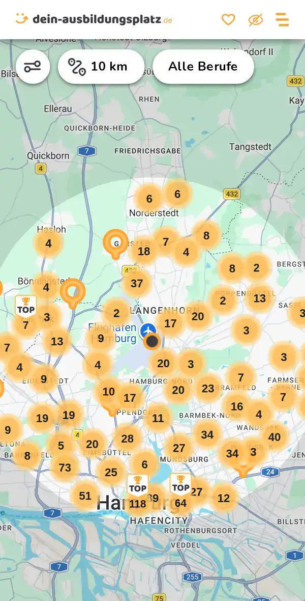 Karte von dein-ausbildungsplatz.de: Ausbildungsbetriebe im Umkreis von 10 km um 22335 Hamburg