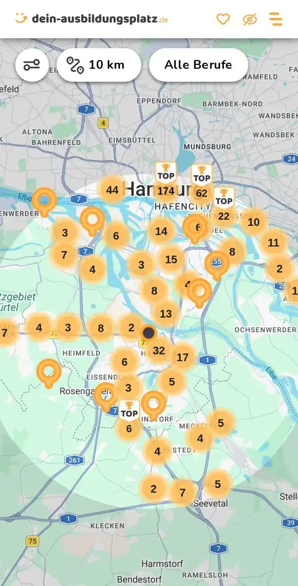 Karte von dein-ausbildungsplatz.de: Ausbildungsbetriebe im Umkreis von 10 km um 21079 Hamburg