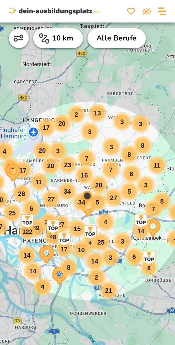 Karte von dein-ausbildungsplatz.de: Ausbildungsbetriebe im Umkreis von 10 km um 22041 Hamburg