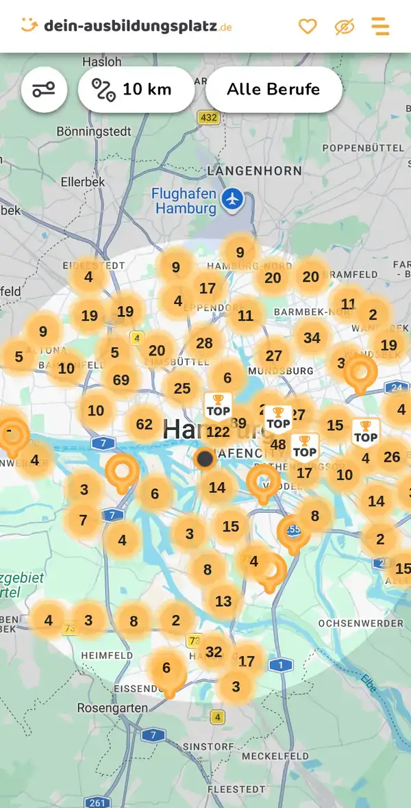 Karte von dein-ausbildungsplatz.de: Ausbildungsbetriebe im Umkreis von 10 km um 20457 Hamburg