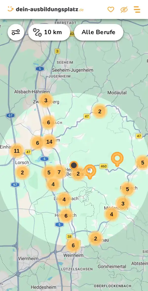 Karte von dein-ausbildungsplatz.de: Ausbildungsbetriebe im Umkreis von 10 km um 64646 Heppenheim