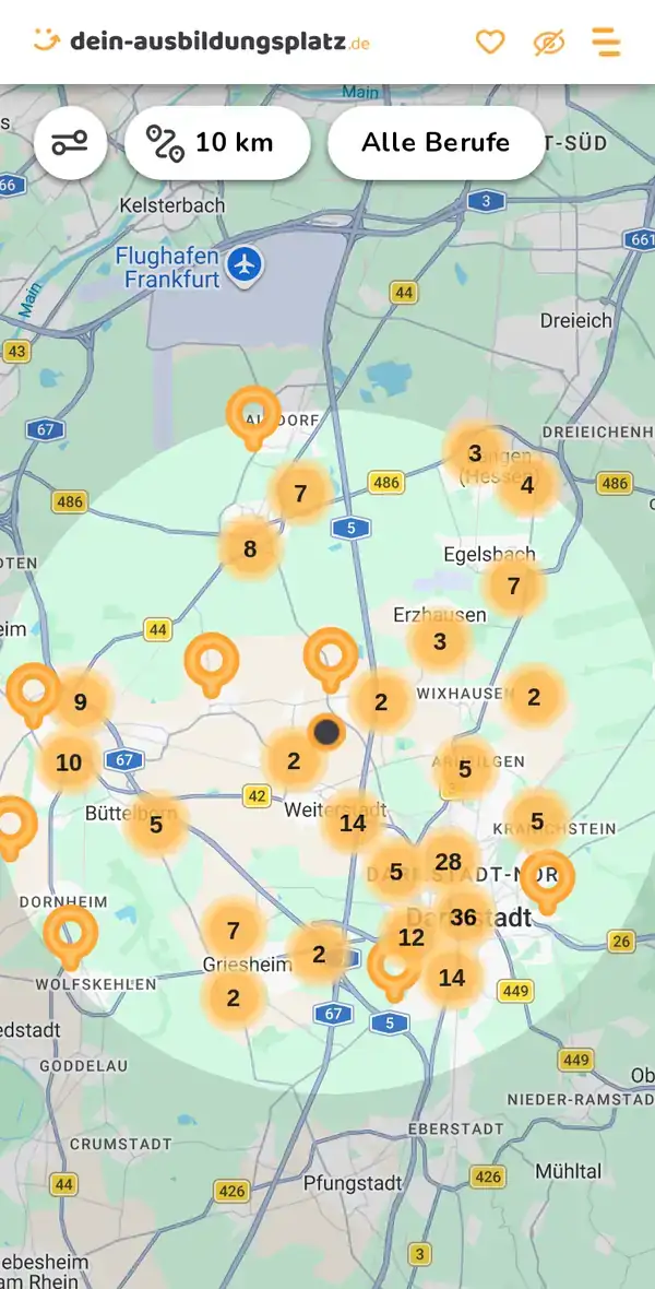 Karte von dein-ausbildungsplatz.de: Ausbildungsbetriebe im Umkreis von 10 km um 64331 Weiterstadt