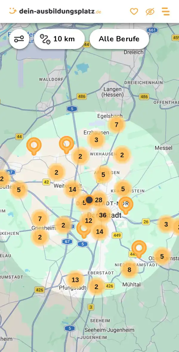 Karte von dein-ausbildungsplatz.de: Ausbildungsbetriebe im Umkreis von 10 km um 64293 Darmstadt