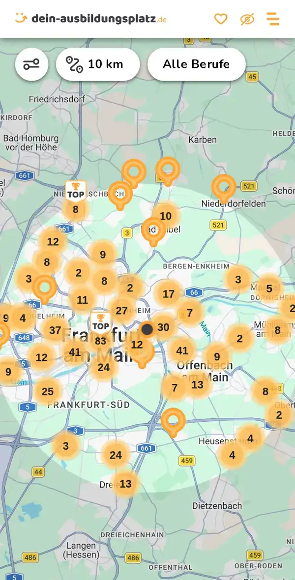 Karte von dein-ausbildungsplatz.de: Ausbildungsbetriebe im Umkreis von 10 km um 60314 Frankfurt am Main