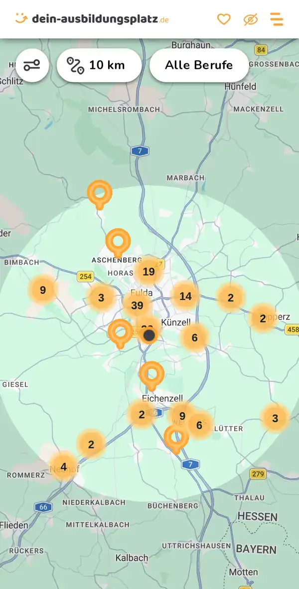 Karte von dein-ausbildungsplatz.de: Ausbildungsbetriebe im Umkreis von 10 km um 36043 Fulda