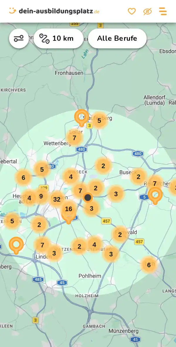 Karte von dein-ausbildungsplatz.de: Ausbildungsbetriebe im Umkreis von 10 km um 35394 Gießen