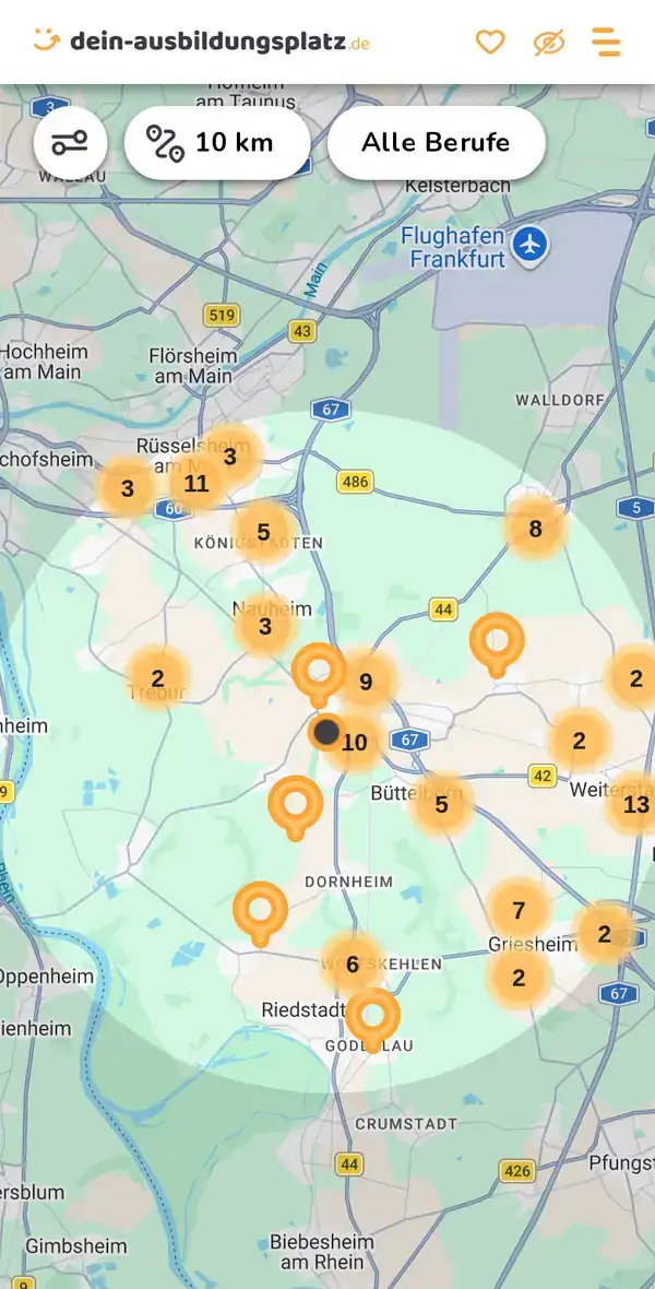 Karte von dein-ausbildungsplatz.de: Ausbildungsbetriebe im Umkreis von 10 km um 64521 Groß-Gerau