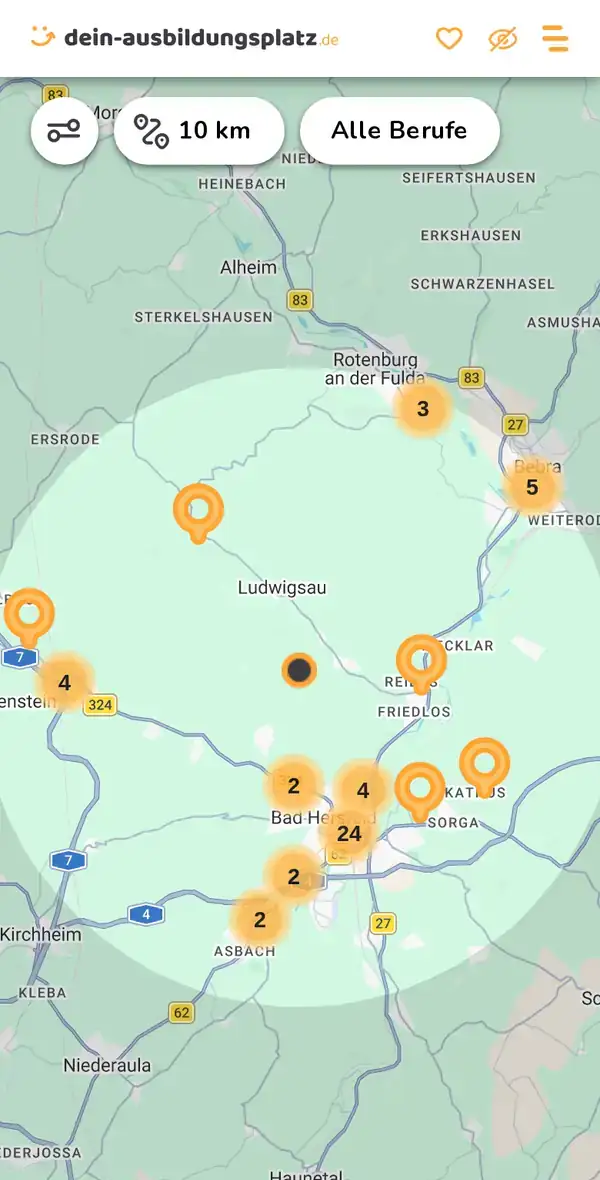 Karte von dein-ausbildungsplatz.de: Ausbildungsbetriebe im Umkreis von 10 km um 36251 Bad Hersfeld