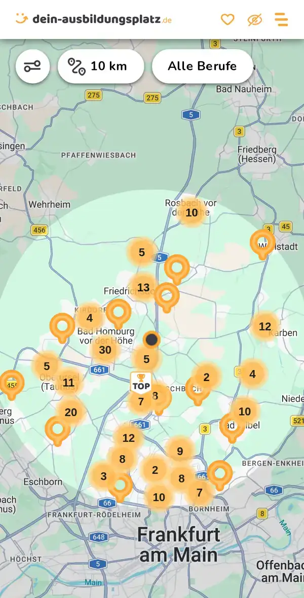 Karte von dein-ausbildungsplatz.de: Ausbildungsbetriebe im Umkreis von 10 km um 61352 Bad Homburg vor der Höhe