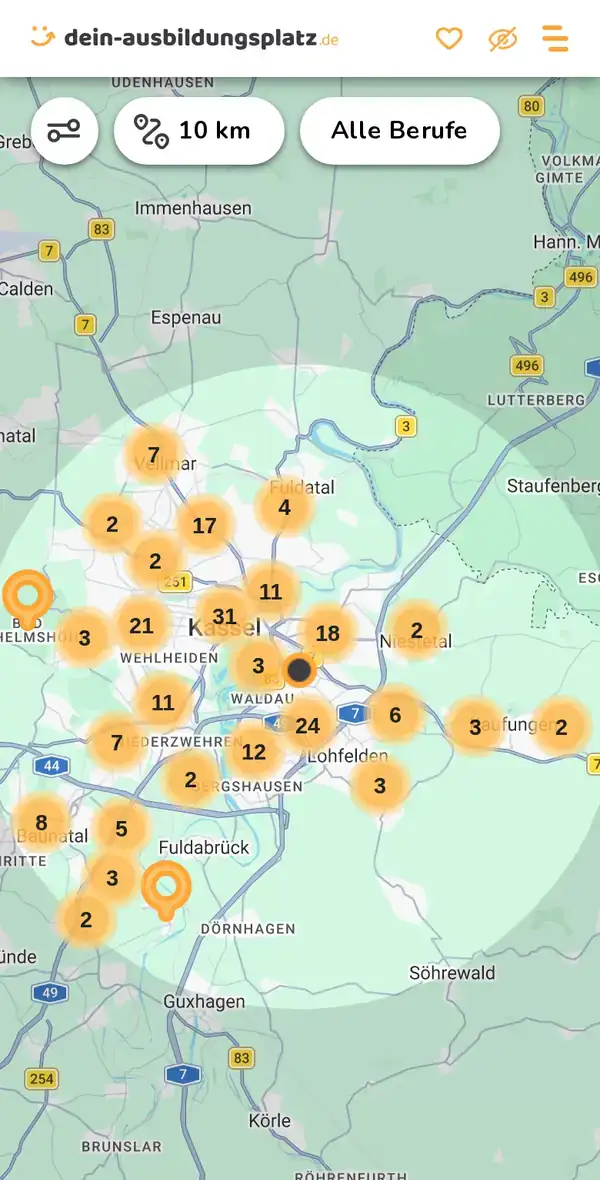 Karte von dein-ausbildungsplatz.de: Ausbildungsbetriebe im Umkreis von 10 km um 34123 Fuldabrück