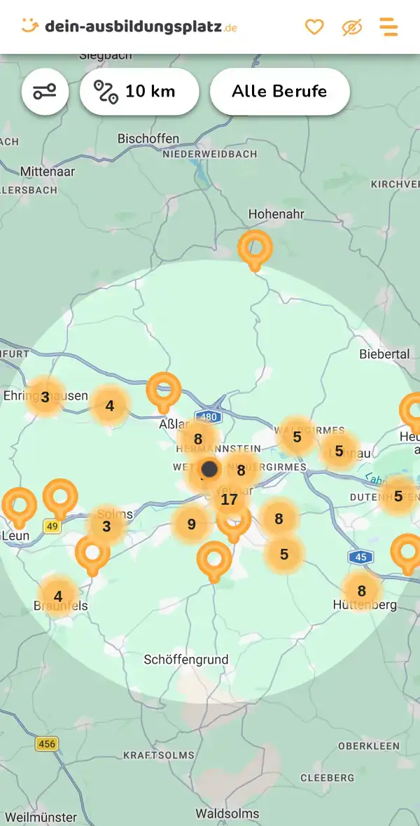 Karte von dein-ausbildungsplatz.de: Ausbildungsbetriebe im Umkreis von 10 km um 35576 Wetzlar