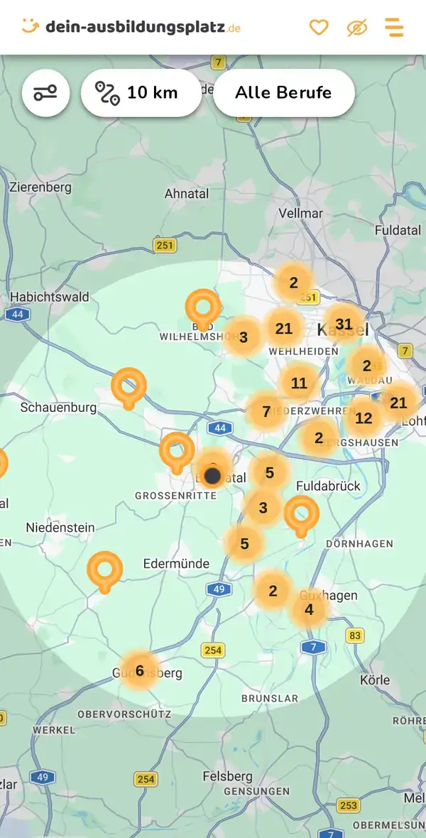 Karte von dein-ausbildungsplatz.de: Ausbildungsbetriebe im Umkreis von 10 km um 34225 Baunatal