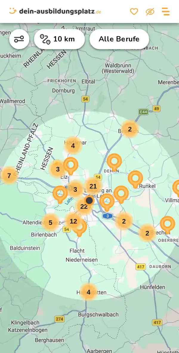 Karte von dein-ausbildungsplatz.de: Ausbildungsbetriebe im Umkreis von 10 km um 65549 Limburg an der Lahn