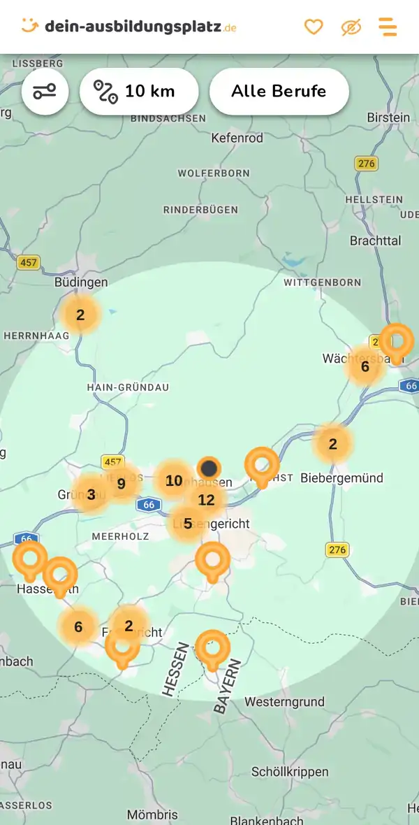 Karte von dein-ausbildungsplatz.de: Ausbildungsbetriebe im Umkreis von 10 km um 63571 Gelnhausen