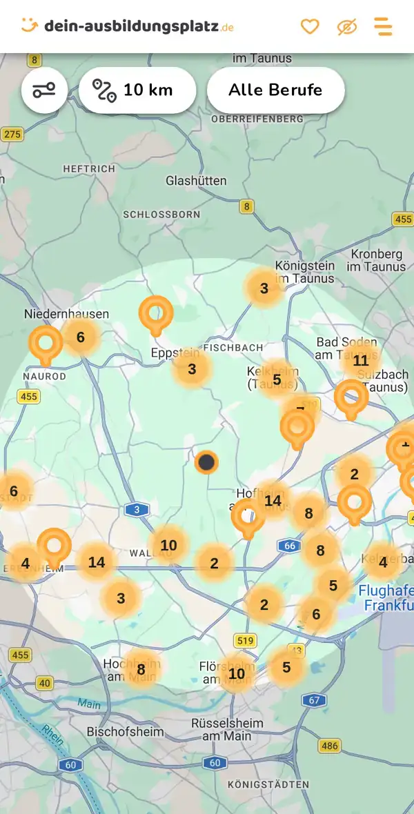 Karte von dein-ausbildungsplatz.de: Ausbildungsbetriebe im Umkreis von 10 km um 65719 Hofheim am Taunus