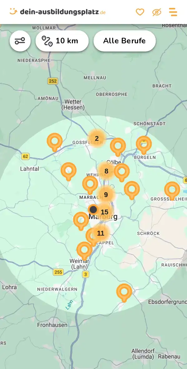 Karte von dein-ausbildungsplatz.de: Ausbildungsbetriebe im Umkreis von 10 km um 35037 Marburg