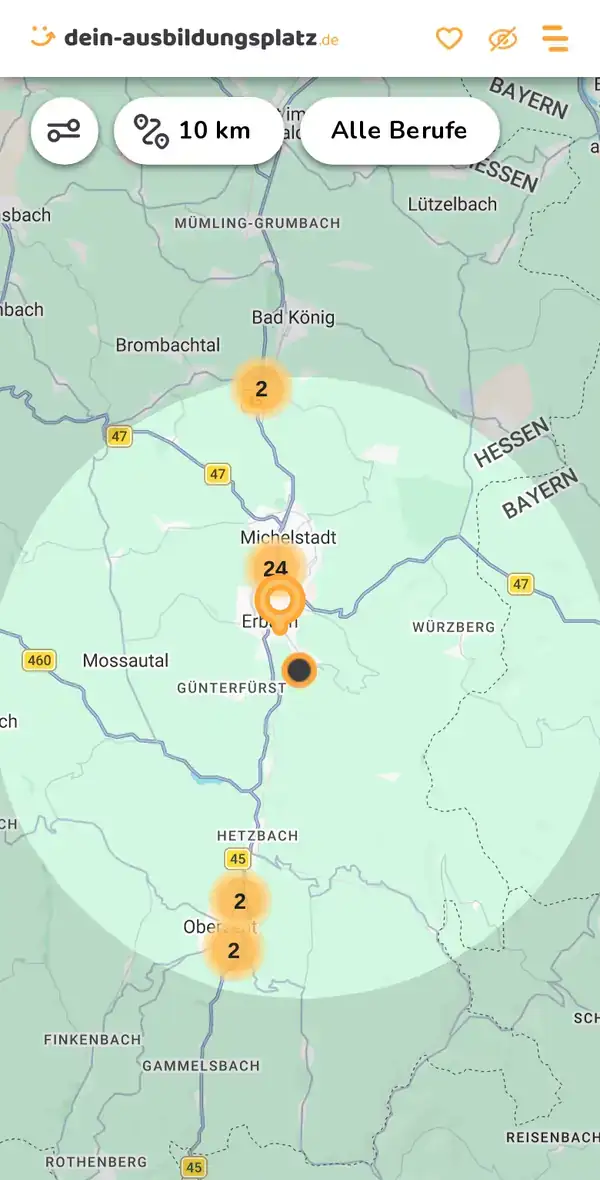 Karte von dein-ausbildungsplatz.de: Ausbildungsbetriebe im Umkreis von 10 km um 64711 Erbach