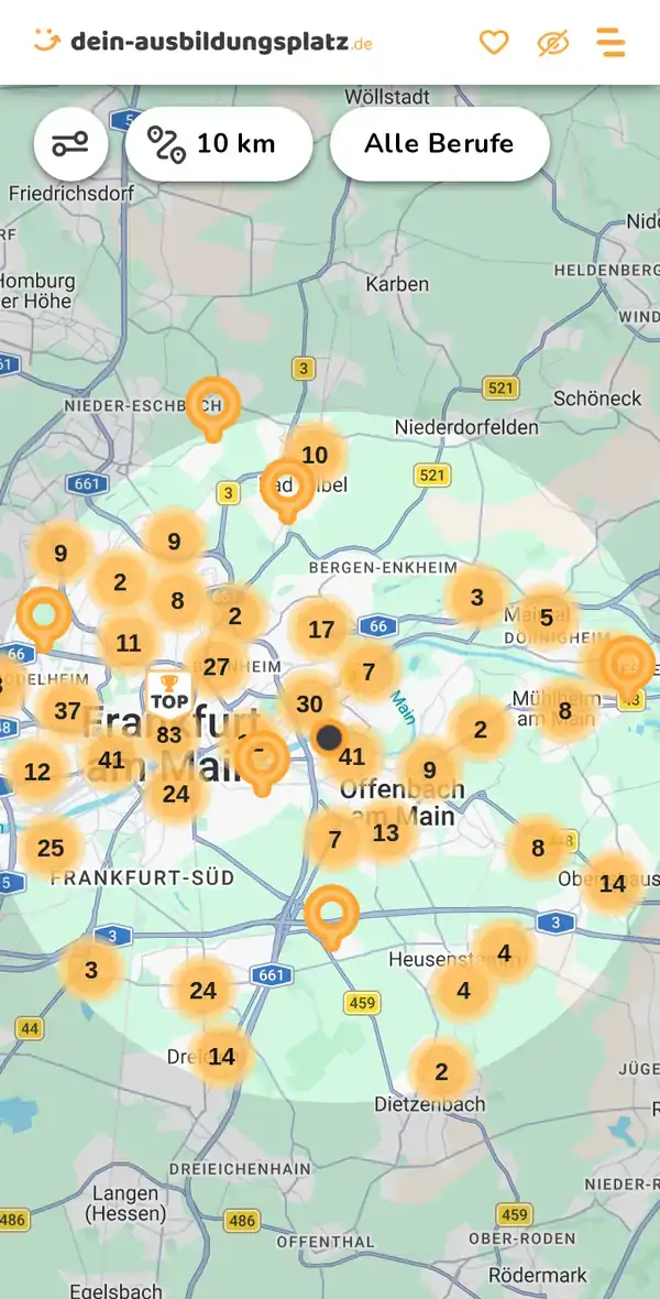 Karte von dein-ausbildungsplatz.de: Ausbildungsbetriebe im Umkreis von 10 km um 63067 Offenbach am Main
