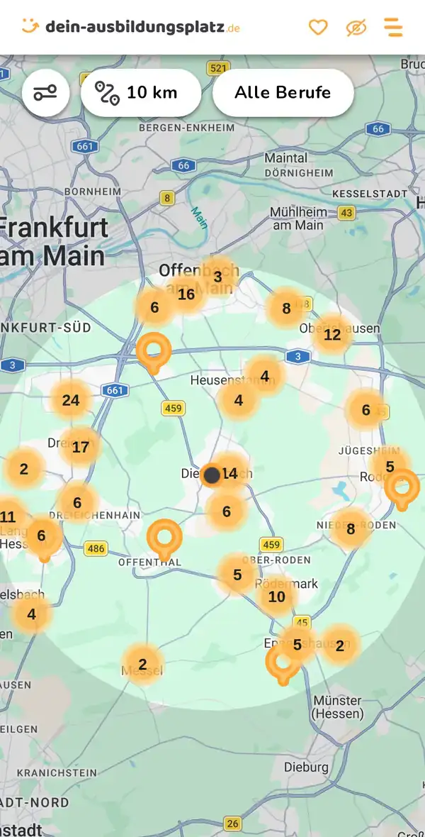 Karte von dein-ausbildungsplatz.de: Ausbildungsbetriebe im Umkreis von 10 km um 63128 Dietzenbach