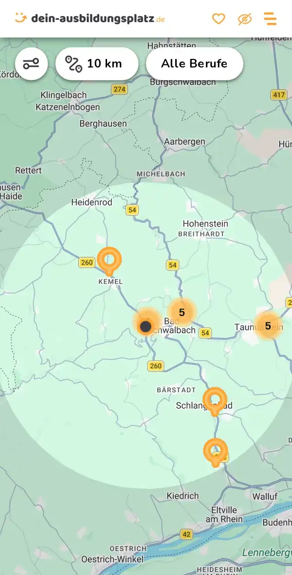 Karte von dein-ausbildungsplatz.de: Ausbildungsbetriebe im Umkreis von 10 km um 65307 Bad Schwalbach