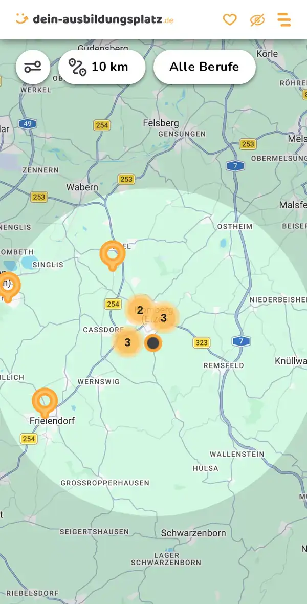 Karte von dein-ausbildungsplatz.de: Ausbildungsbetriebe im Umkreis von 10 km um 34576 Homberg (Efze)
