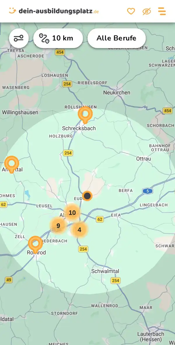 Karte von dein-ausbildungsplatz.de: Ausbildungsbetriebe im Umkreis von 10 km um 36304 Alsfeld