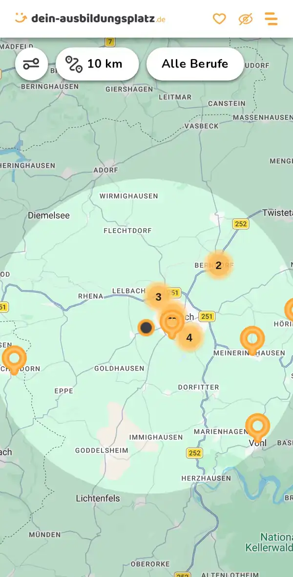 Karte von dein-ausbildungsplatz.de: Ausbildungsbetriebe im Umkreis von 10 km um 34497 Korbach