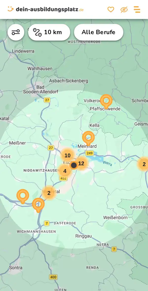 Karte von dein-ausbildungsplatz.de: Ausbildungsbetriebe im Umkreis von 10 km um 37269 Eschwege