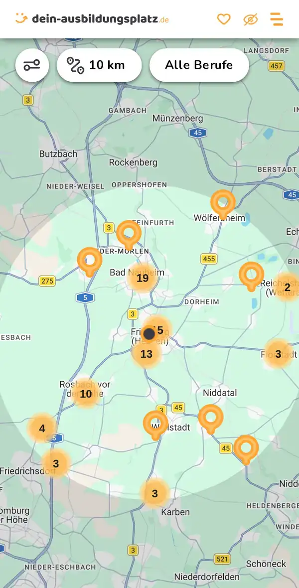 Karte von dein-ausbildungsplatz.de: Ausbildungsbetriebe im Umkreis von 10 km um 61169 Friedberg (Hessen)